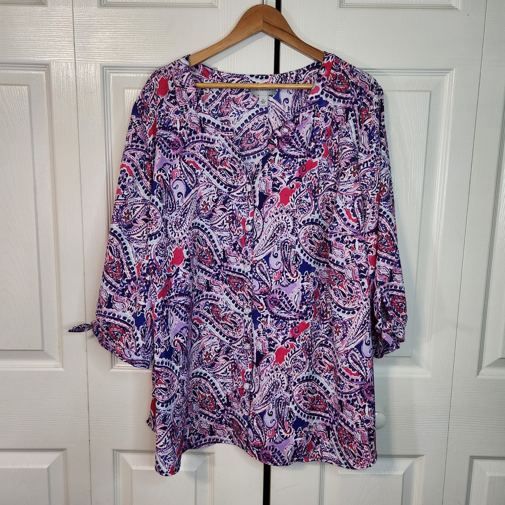 Catherines Womens 2X Paisley Button Down Shirt Purple Pink 3/4 Tie Sleeve Top